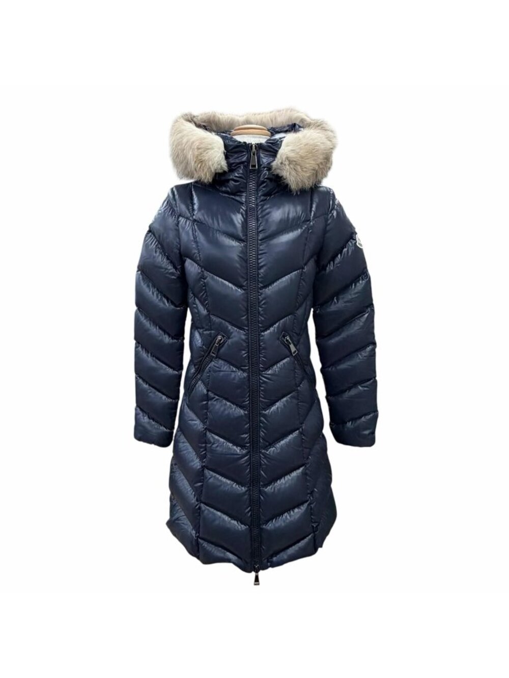 Moncler Fulmarus Logo Patch Fur Hooded Down Coat Navy